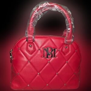 Badgley Mischka Red Quilted Satchel W/Studs